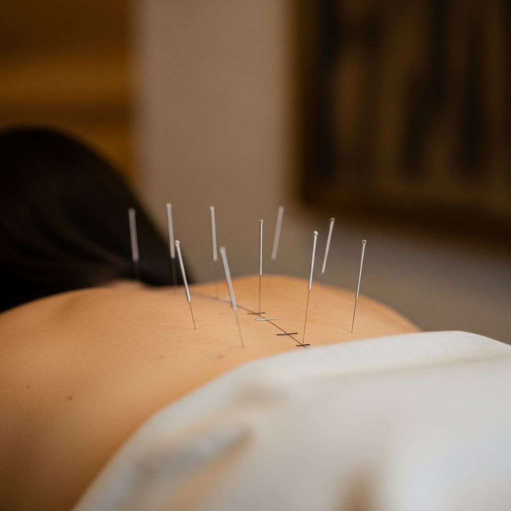 Acupuncture session at Village Health Center — fine needles placed with clinical precision, patient at ease in warm, softly lit treatment room