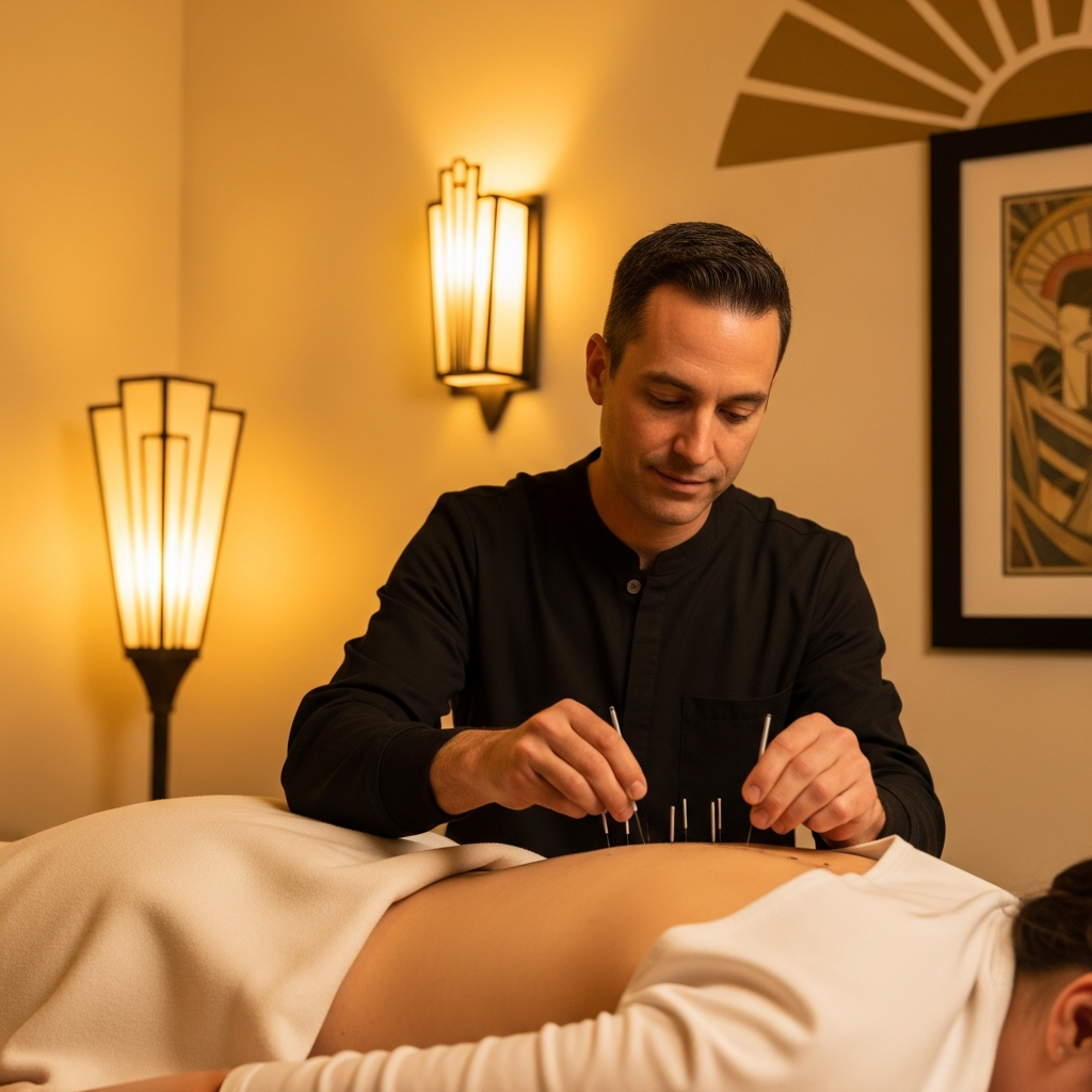 Licensed acupuncturist John Tourkolias performing acupuncture treatment, fine needles placed with precision, serene clinical environment with warm gold light, art deco aesthetic, Long Beach California healing center