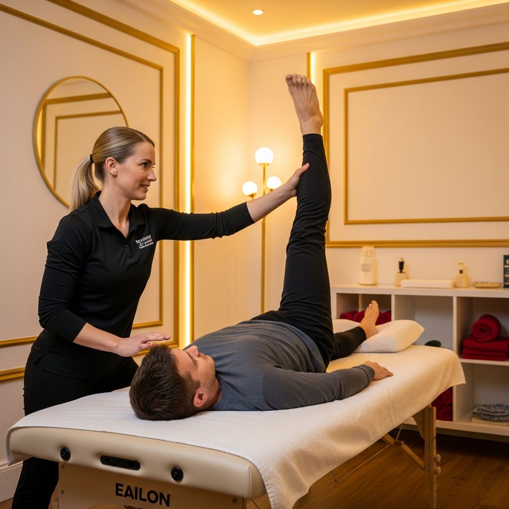 Assisted stretching session — therapist guiding patient through a guided hamstring stretch in a warm clinical treatment room with gold and cream tones