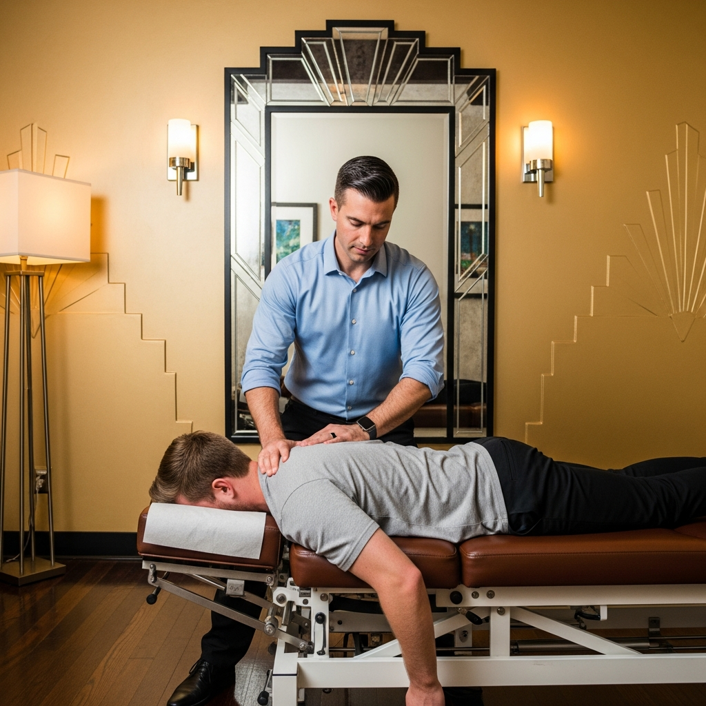 Dr. Tropeano performing spinal adjustment, warm clinical studio, art deco ambiance
