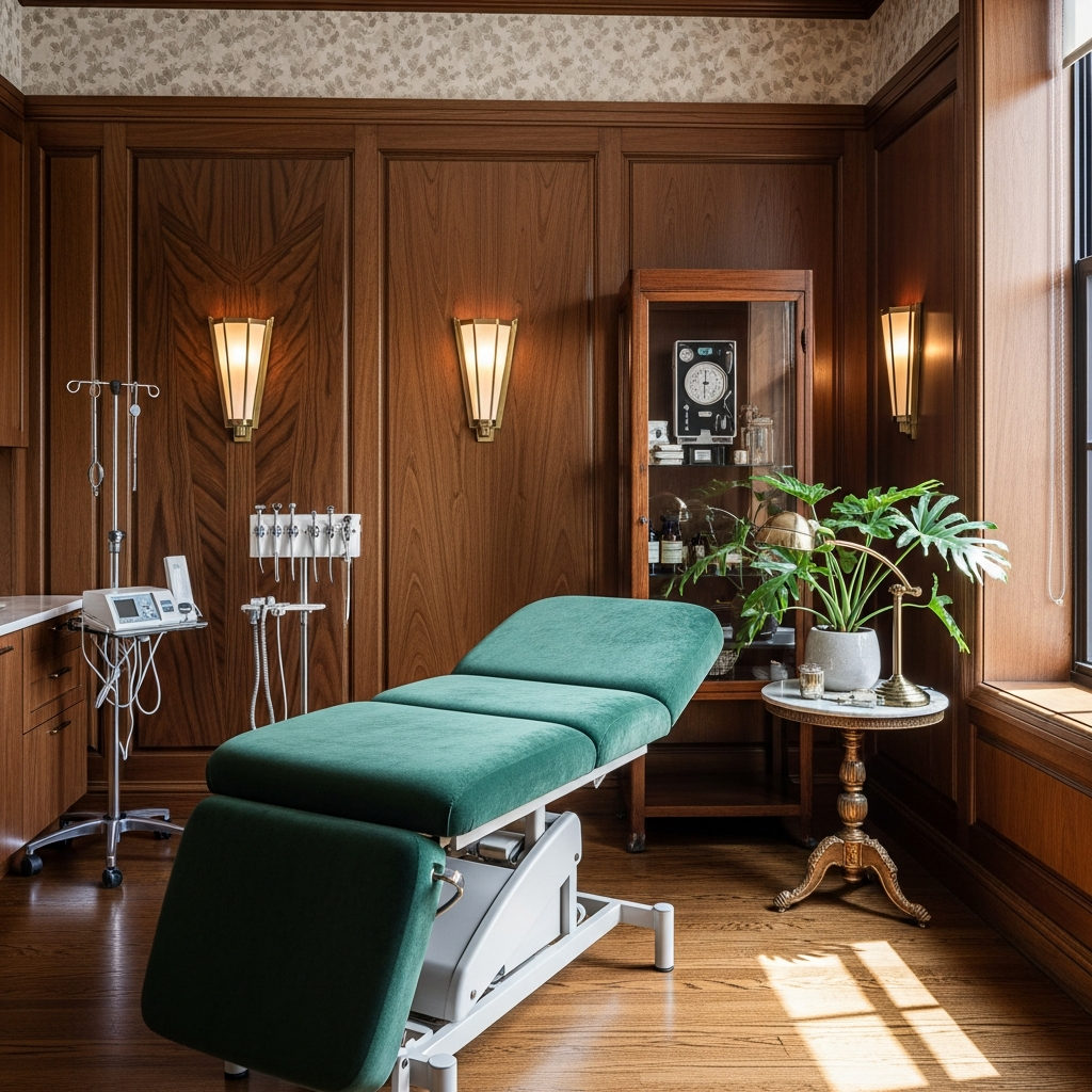 Village Health Center treatment room, professional and warm, art deco accents