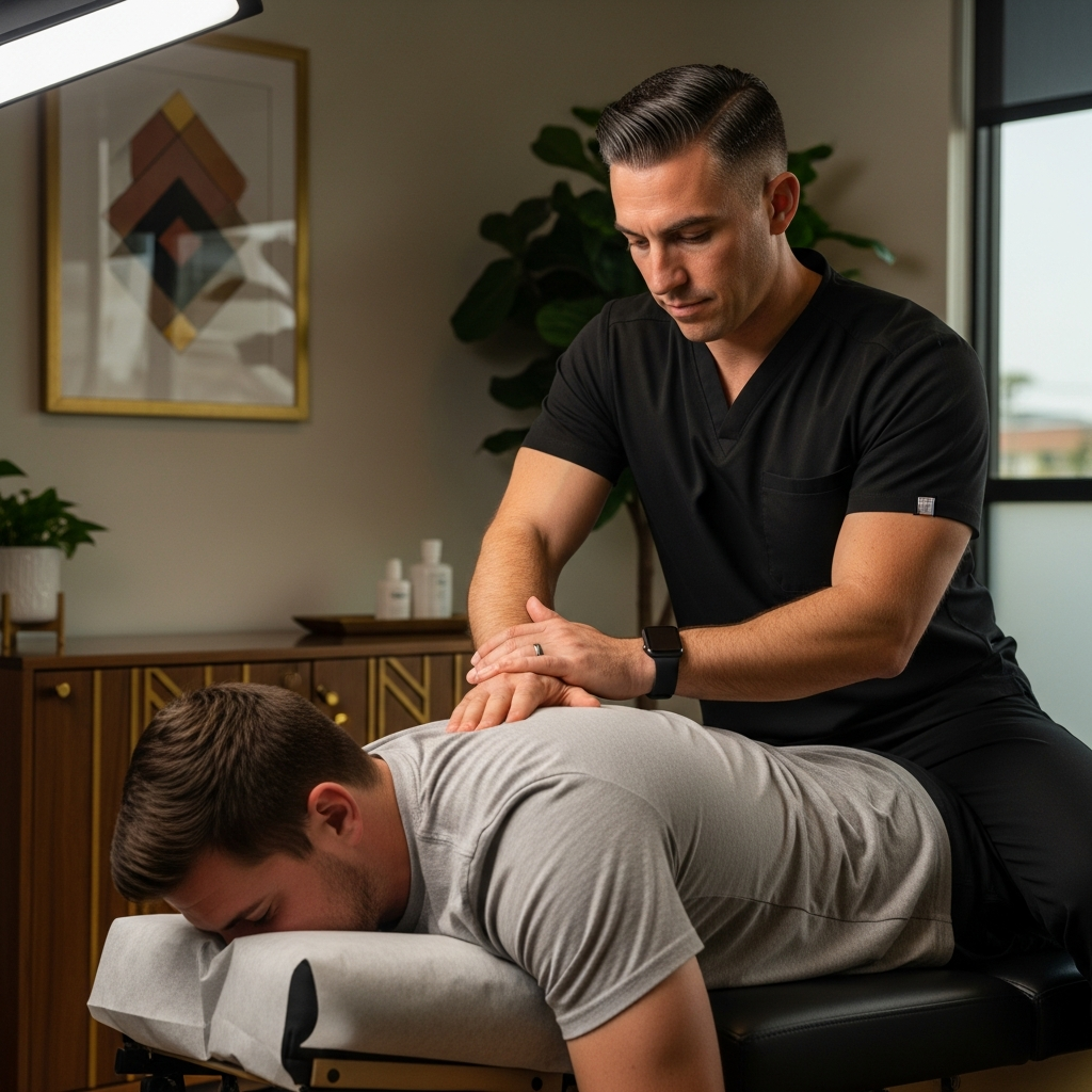Dr. Tropeano performing precise chiropractic spinal adjustment on patient, warm clinical setting with art deco gold accents, Long Beach California wellness center, dramatic lighting, professional and serene atmosphere