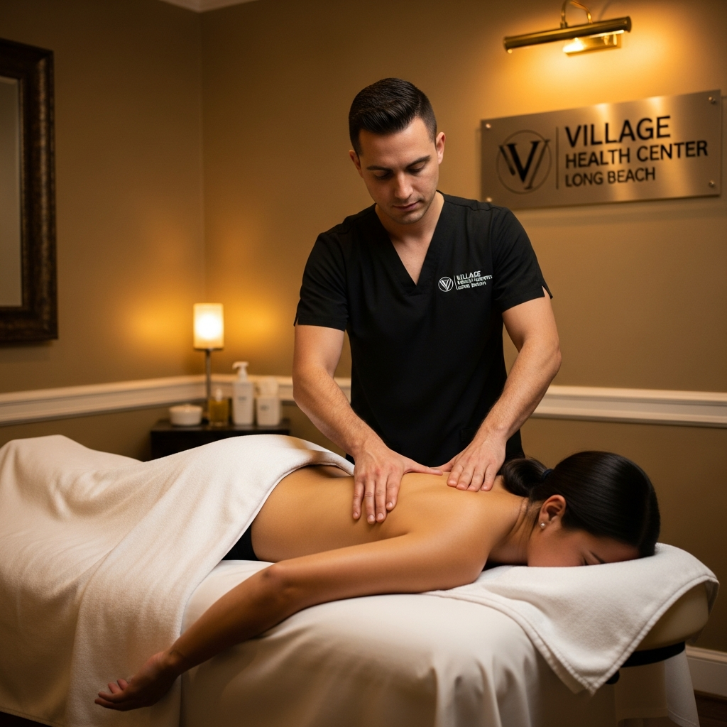 Licensed massage therapist performing therapeutic deep tissue massage in elegant clinical setting, warm gold and cream tones, Village Health Center Long Beach, professional healing environment, soft dramatic lighting