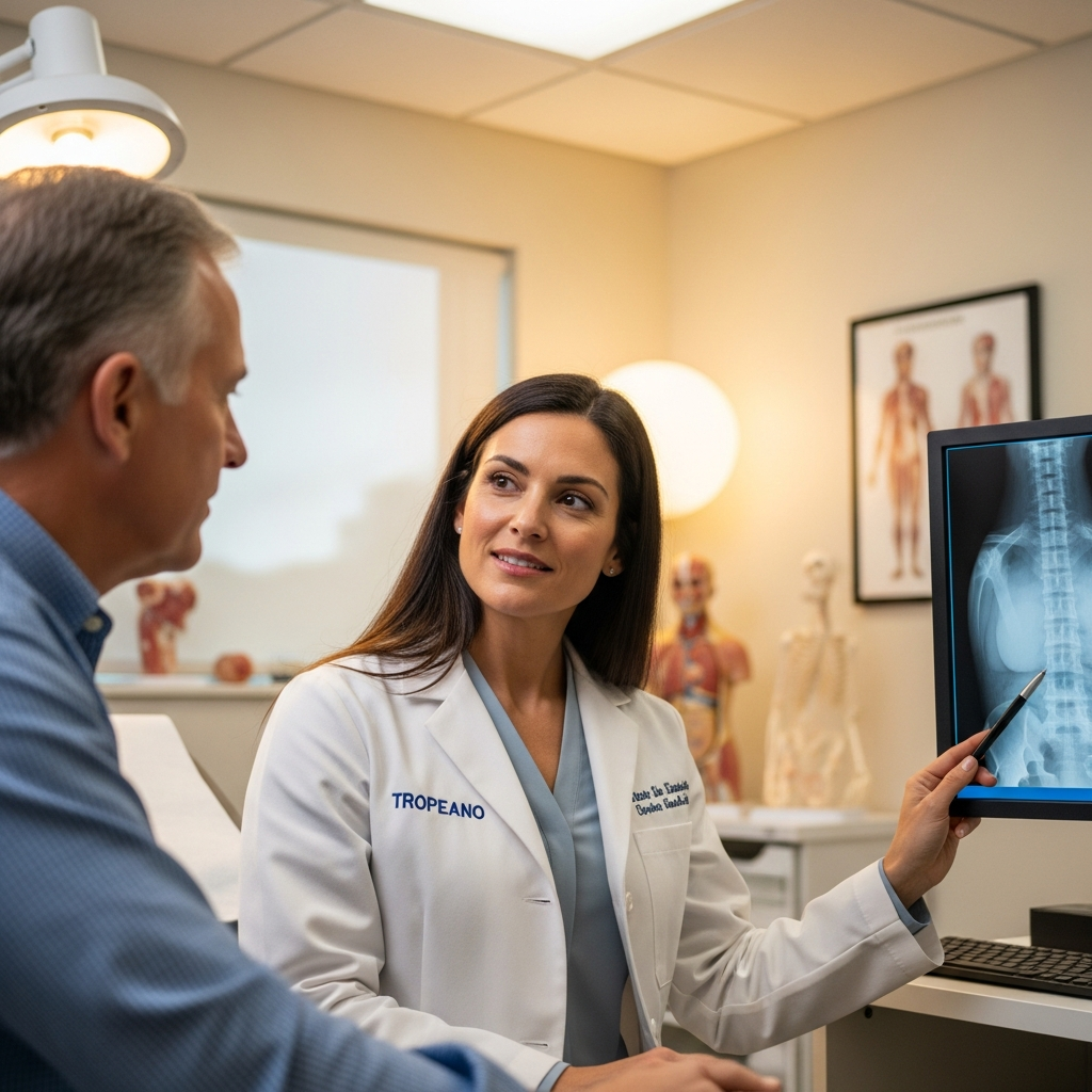 Dr. Tropeano reviewing spinal X-ray with a patient, warm and professional setting